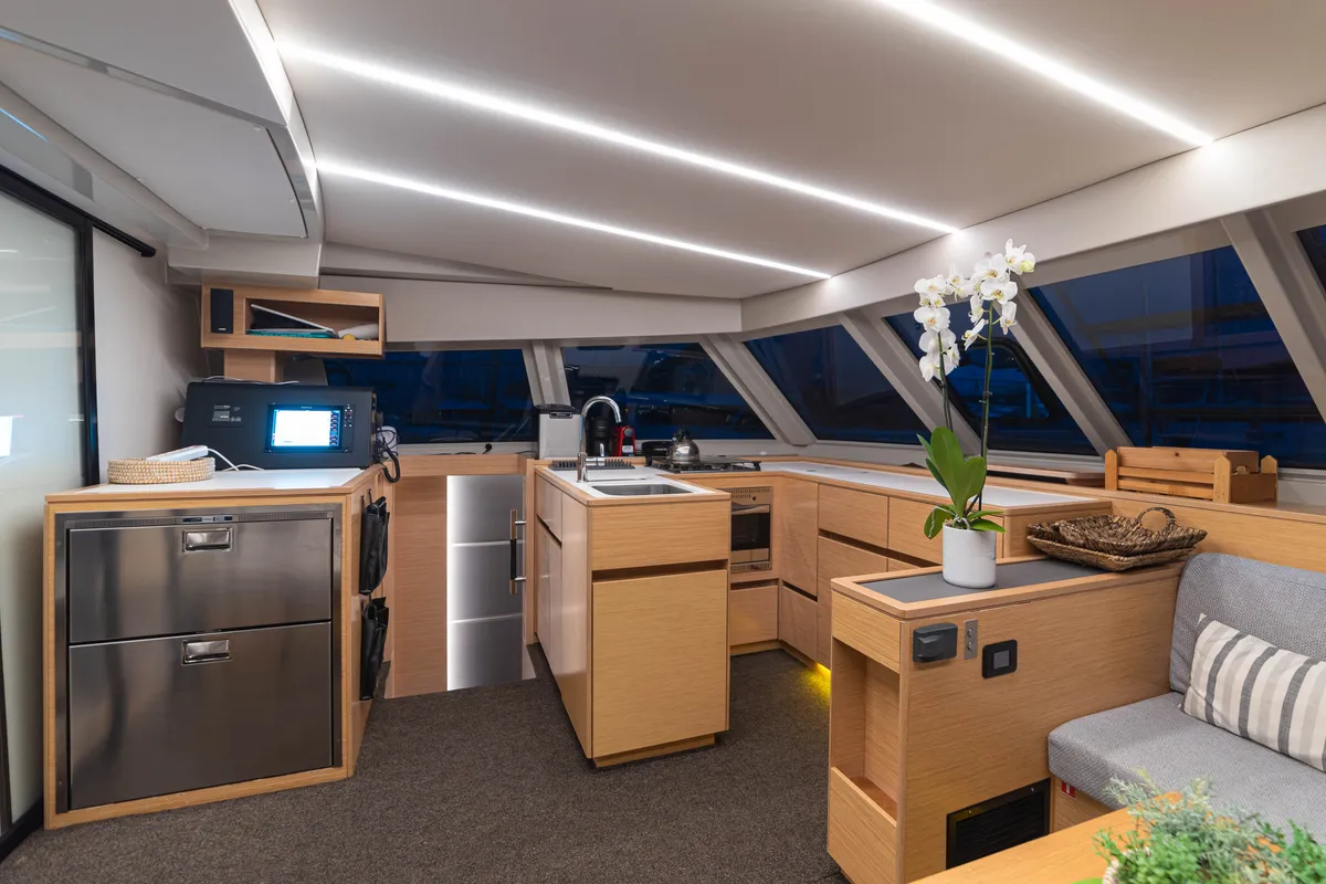 Galley of AG Princess, a Bavaria Nautitech 47 Power catamaran at Municipal Unit of Lefkada, Greece