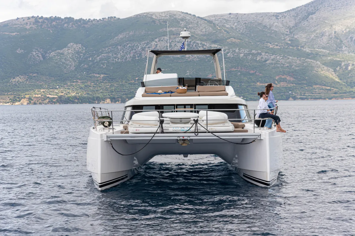 Exterior view of AG Princess, a Bavaria Nautitech 47 Power catamaran at Municipal Unit of Lefkada, Greece