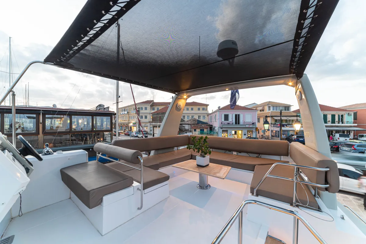 Deck of AG Princess, a Bavaria Nautitech 47 Power catamaran at Municipal Unit of Lefkada, Greece