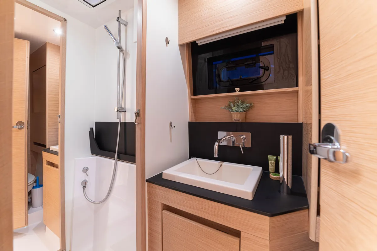 Head on AG Princess, a Bavaria Nautitech 47 Power catamaran at Municipal Unit of Lefkada, Greece