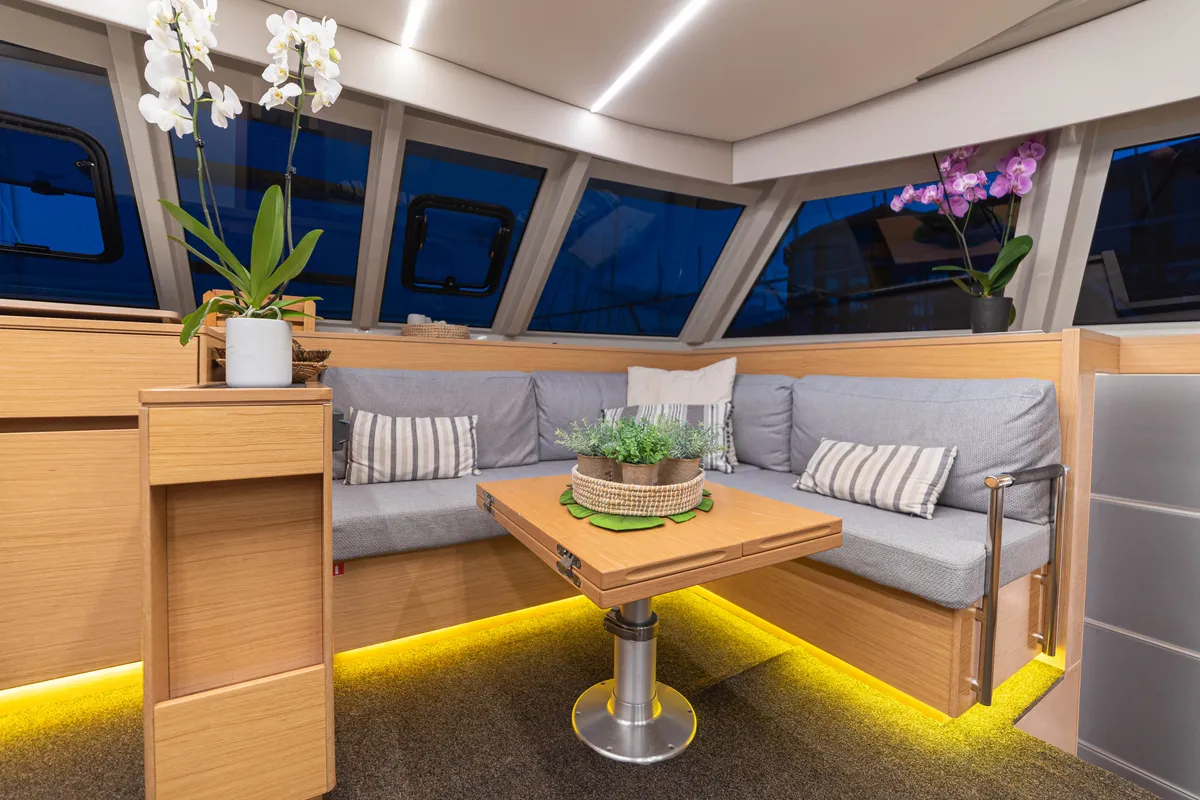 Salon of AG Princess, a Bavaria Nautitech 47 Power catamaran at Municipal Unit of Lefkada, Greece