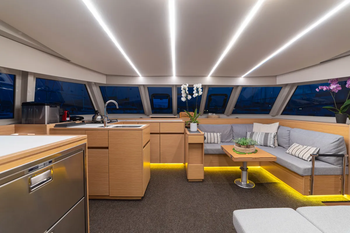 Salon of AG Princess, a Bavaria Nautitech 47 Power catamaran at Municipal Unit of Lefkada, Greece