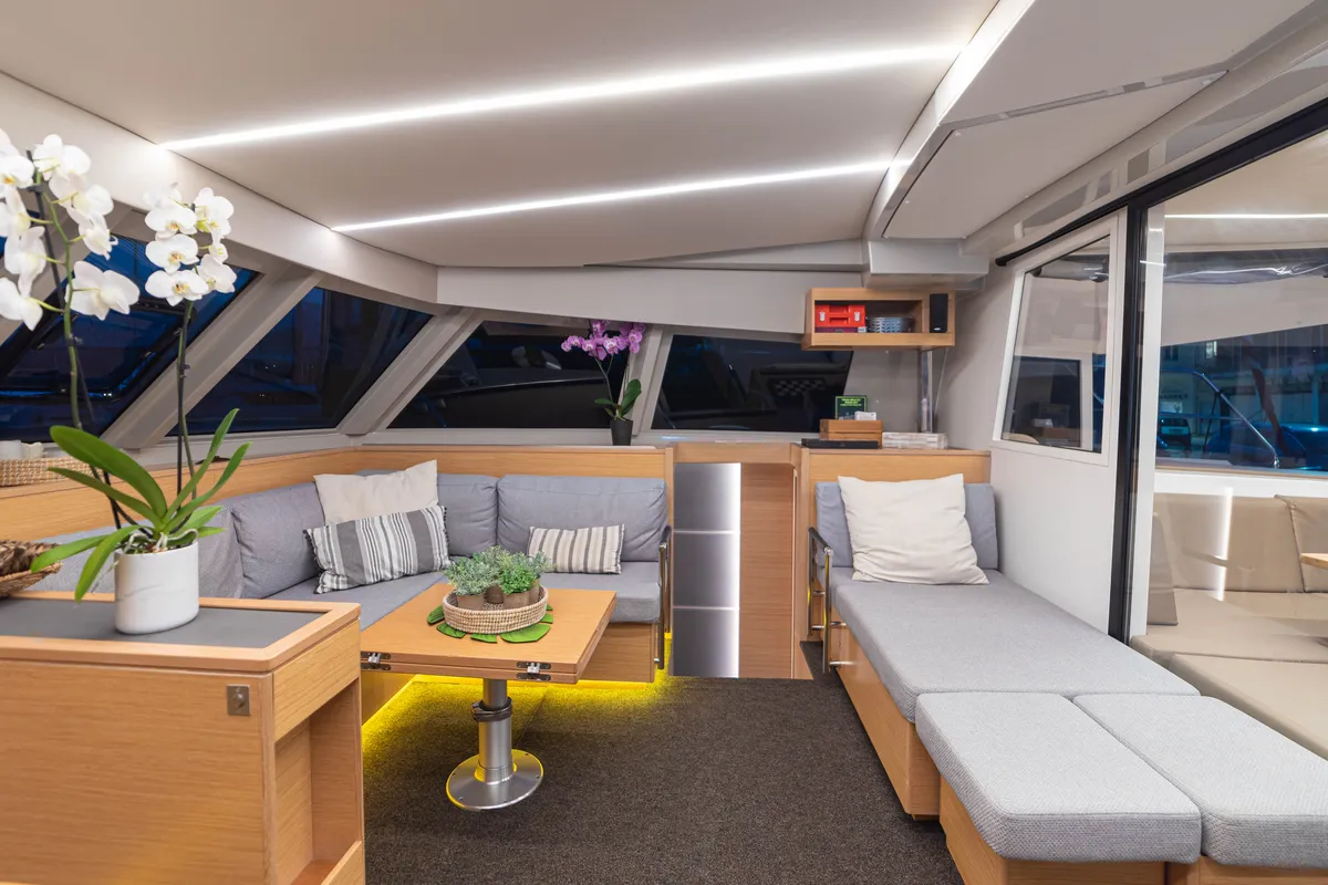 Salon of AG Princess, a Bavaria Nautitech 47 Power catamaran at Municipal Unit of Lefkada, Greece