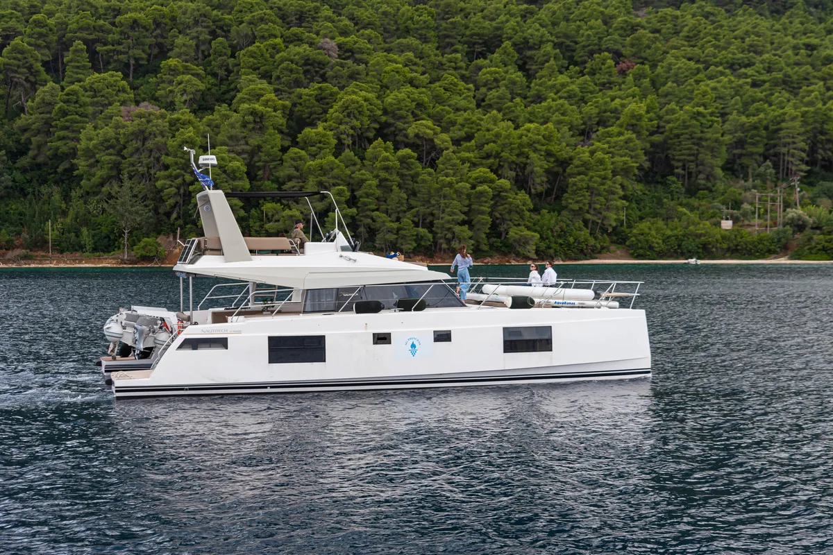 Exterior view of AG Princess, a Bavaria Nautitech 47 Power catamaran at Municipal Unit of Lefkada, Greece