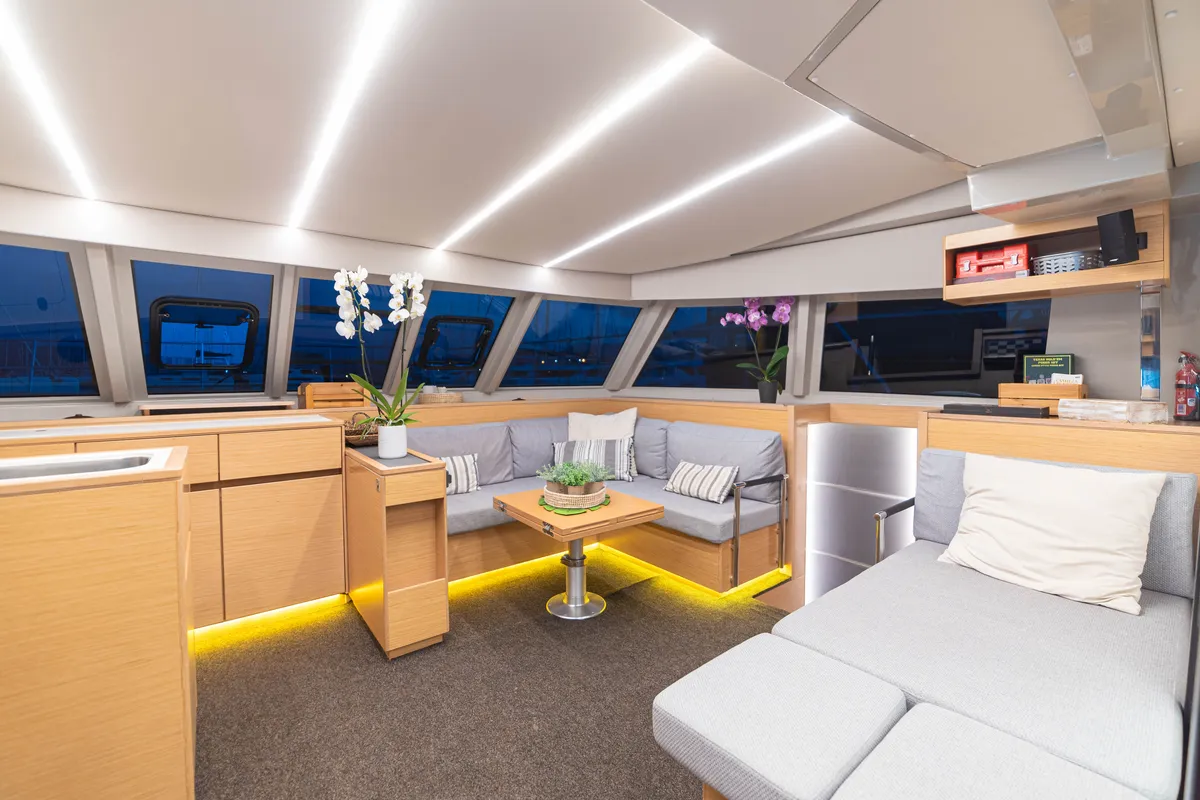 Deck of AG Princess, a Bavaria Nautitech 47 Power catamaran at Municipal Unit of Lefkada, Greece