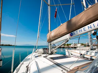 Deck of Homesick George, a Jeanneau Sun Odyssey 440 sailboat at Volos, Greece