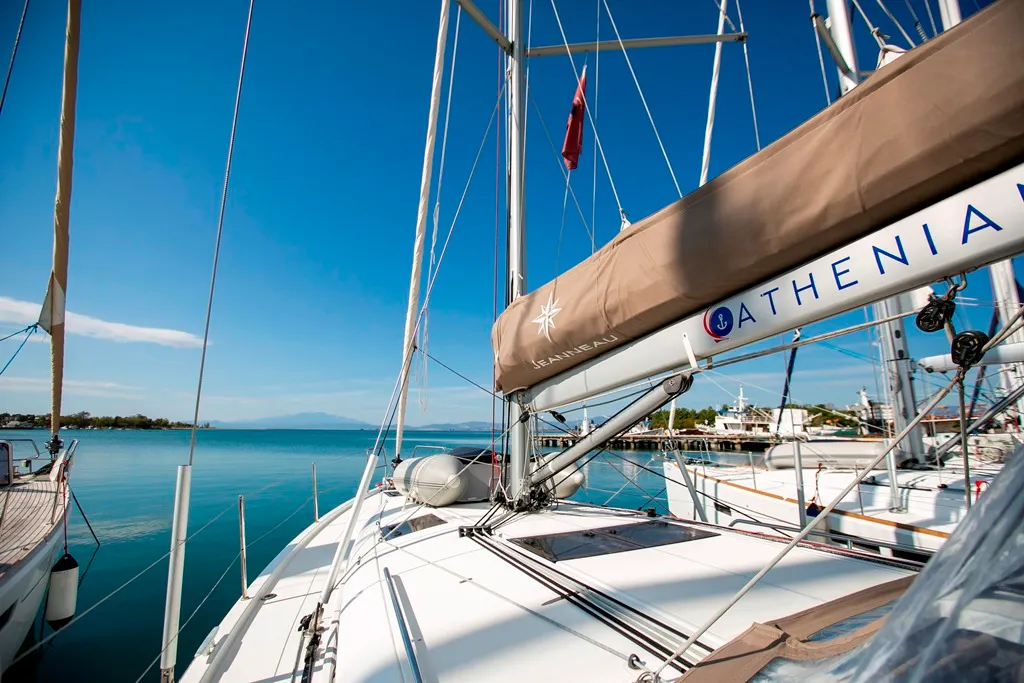 Deck of Homesick George, a Jeanneau Sun Odyssey 440 sailboat at Volos, Greece