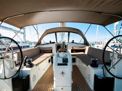 Cockpit of Homesick George, a Jeanneau Sun Odyssey 440 sailboat at Volos, Greece