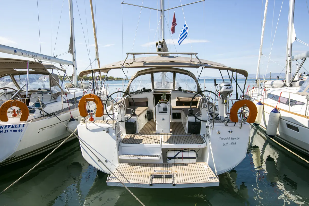 Head on Homesick George, a Jeanneau Sun Odyssey 440 sailboat at Volos, Greece