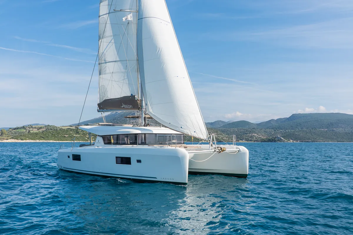 Exterior view of White Waves, a Lagoon 42 catamaran at Municipal Unit of Lefkada, Greece