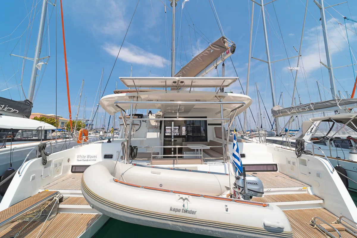 Exterior view of White Waves, a Lagoon 42 catamaran at Municipal Unit of Lefkada, Greece