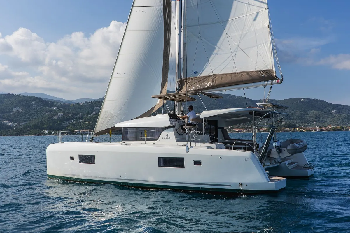 Exterior view of White Waves, a Lagoon 42 catamaran at Municipal Unit of Lefkada, Greece