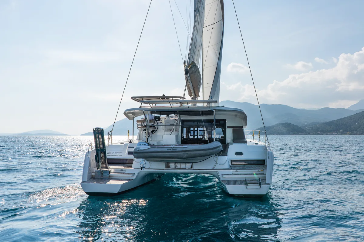 Exterior view of White Waves, a Lagoon 42 catamaran at Municipal Unit of Lefkada, Greece