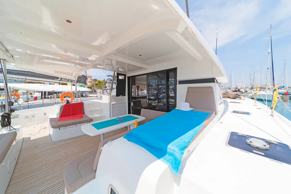 Deck of White Waves, a Lagoon 42 catamaran at Municipal Unit of Lefkada, Greece