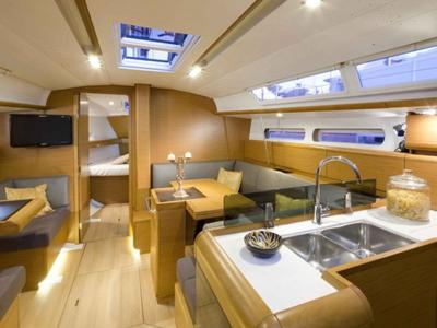 Salon of AF-SO409, a Jeanneau Sun Odyssey 409 sailboat at Municipal Unit of Lefkada, Greece