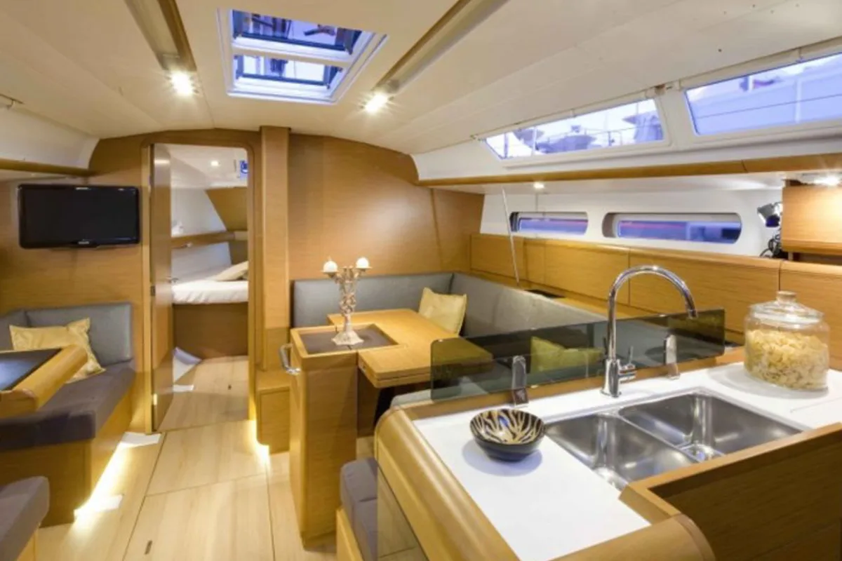 Salon of AF-SO409, a Jeanneau Sun Odyssey 409 sailboat at Municipal Unit of Lefkada, Greece