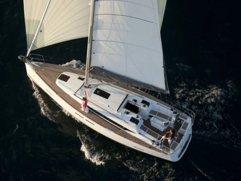 Exterior view of AF-SO409, a Jeanneau Sun Odyssey 409 sailboat at Municipal Unit of Lefkada, Greece