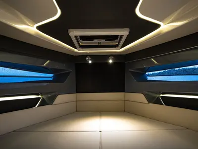 Salon of Navan S30, a motorboat at Cannigione, Italy