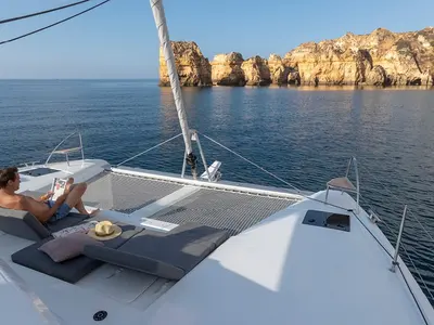 Deck of Winged Arrow II, a Fountaine Pajot Elba 45 catamaran at Road Town, British Virgin Islands