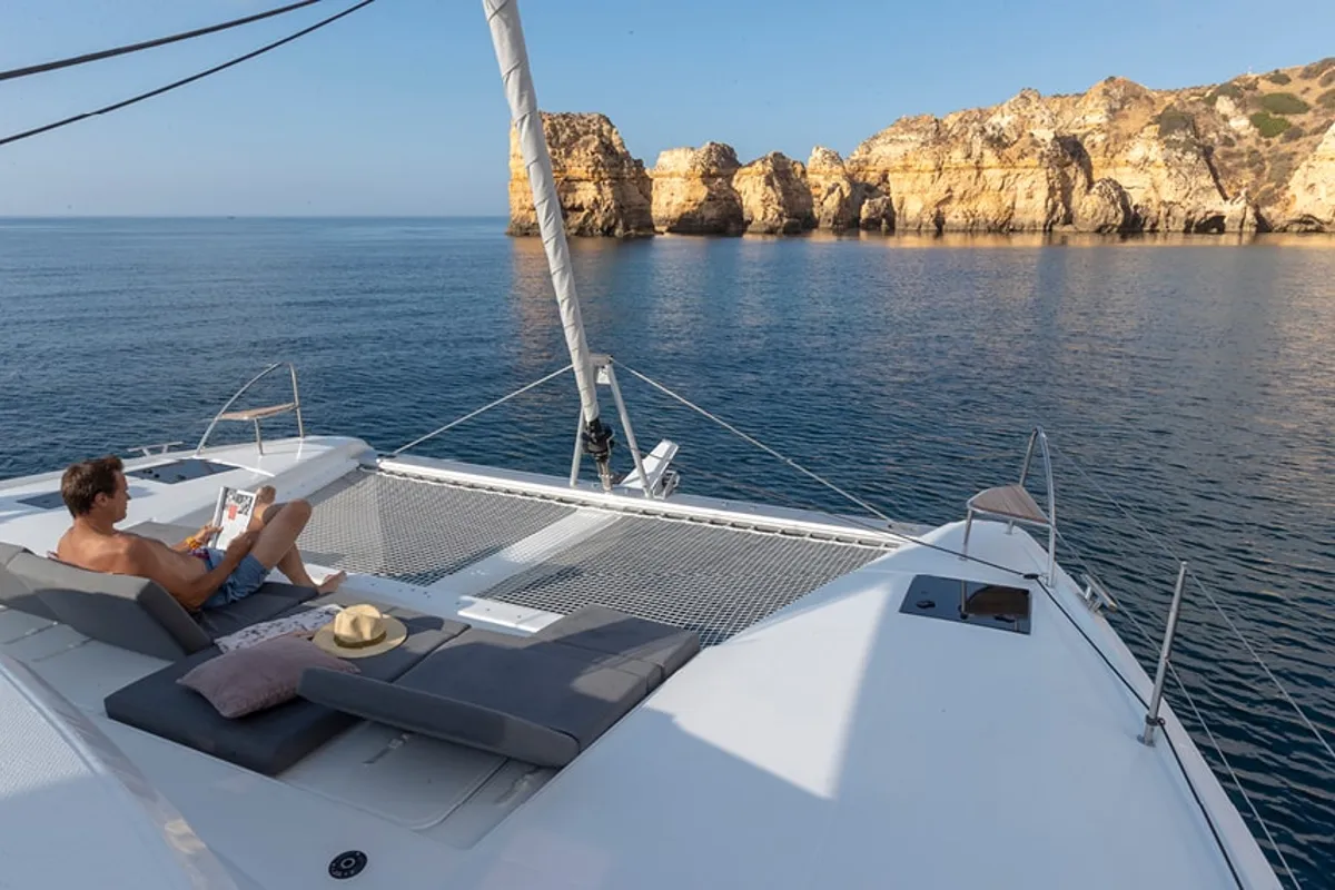 Deck of Winged Arrow II, a Fountaine Pajot Elba 45 catamaran at Road Town, British Virgin Islands