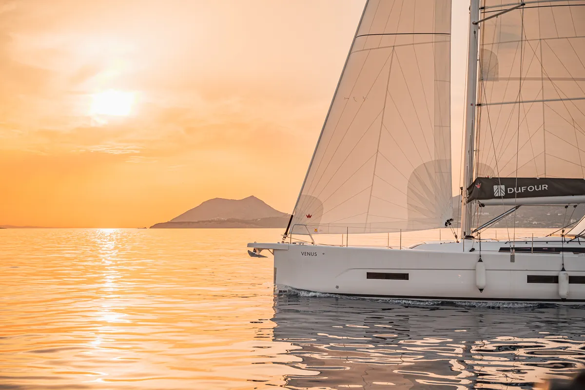 Exterior view of Venus, a Dufour 530 sailboat at Athens, Greece