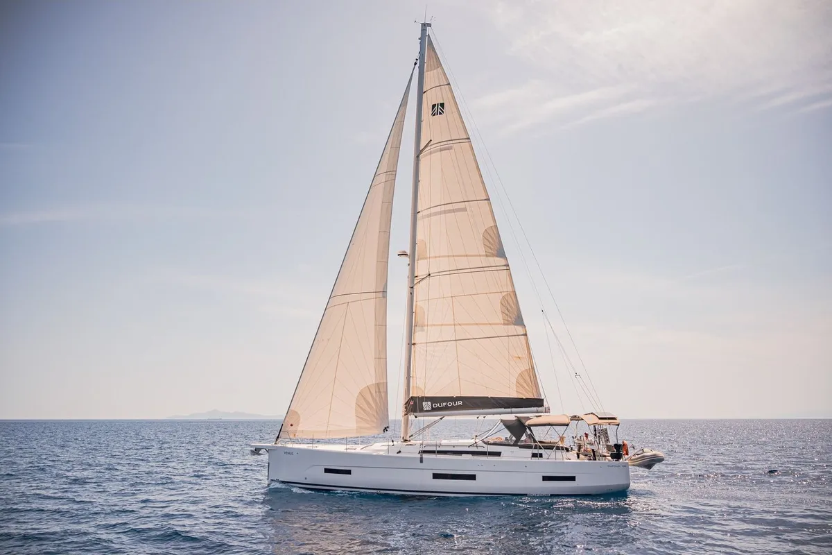 Exterior view of Venus, a Dufour 530 sailboat at Athens, Greece