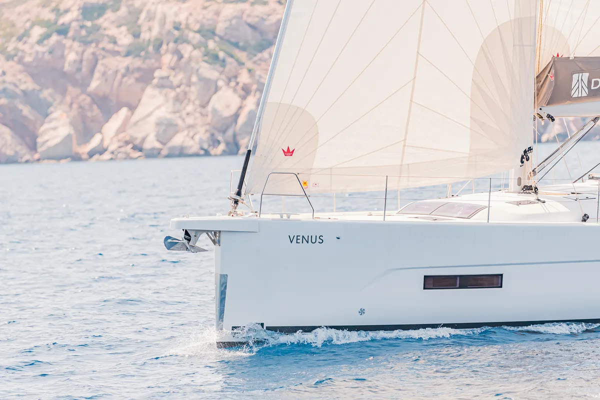 Exterior view of Venus, a Dufour 530 sailboat at Athens, Greece