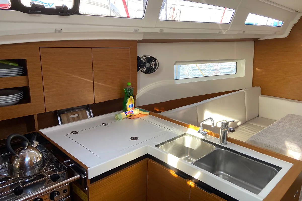 Galley of Philippa, a Jeanneau Sun Odyssey 380 sailboat at Cannigione, Italy