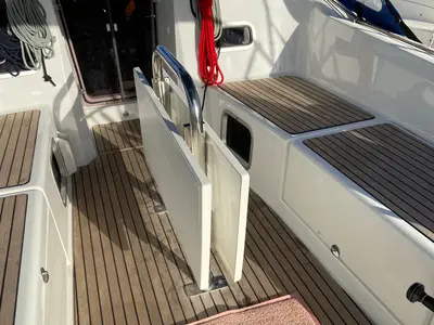 Deck of Philippa, a Jeanneau Sun Odyssey 380 sailboat at Cannigione, Italy