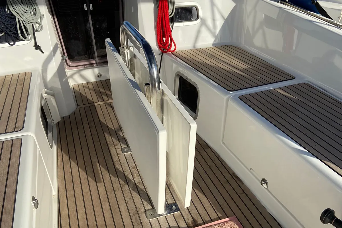 Deck of Philippa, a Jeanneau Sun Odyssey 380 sailboat at Cannigione, Italy