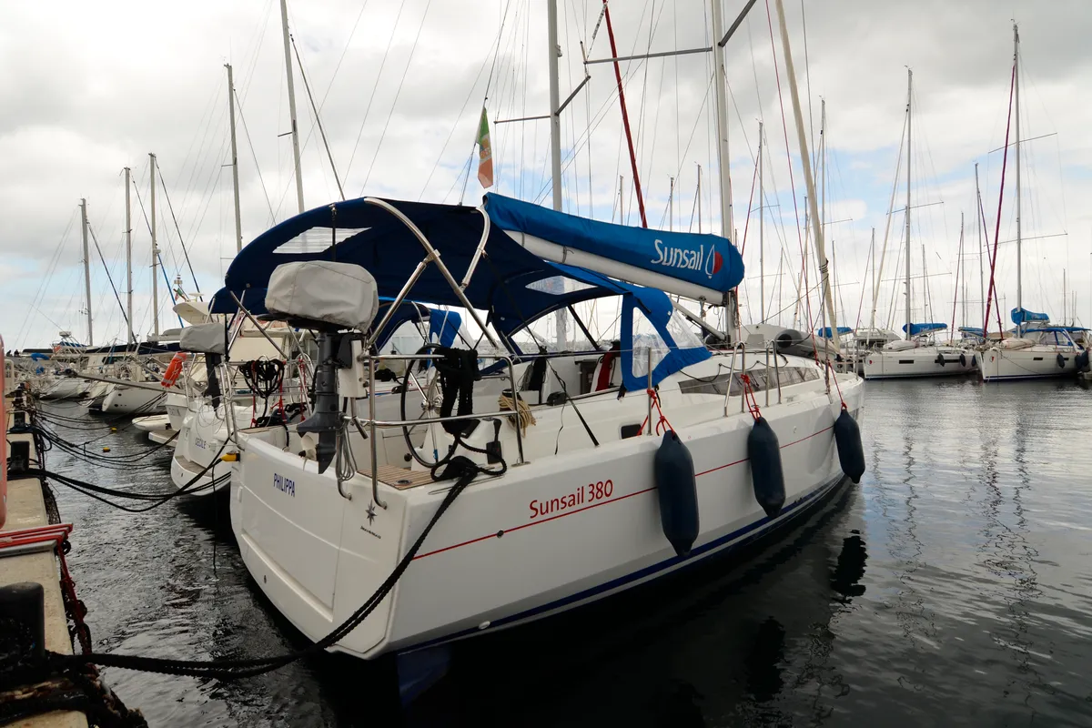 Exterior view of Philippa, a Jeanneau Sun Odyssey 380 sailboat at Cannigione, Italy