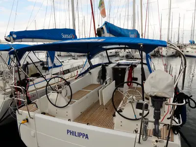 Cockpit of Philippa, a Jeanneau Sun Odyssey 380 sailboat at Cannigione, Italy