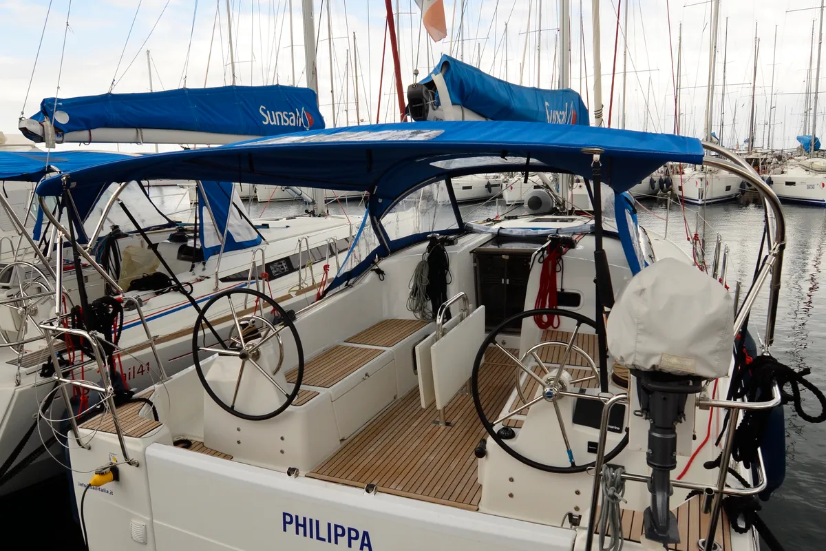 Cockpit of Philippa, a Jeanneau Sun Odyssey 380 sailboat at Cannigione, Italy