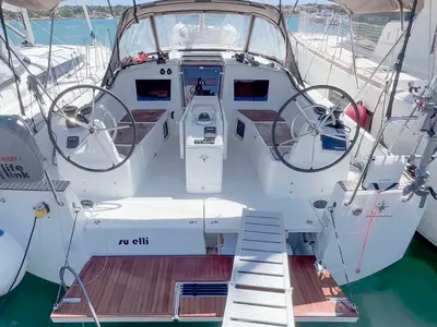 Cockpit of SuElli, a Jeanneau Sun Odyssey 410 sailboat at Felanitx, Spain