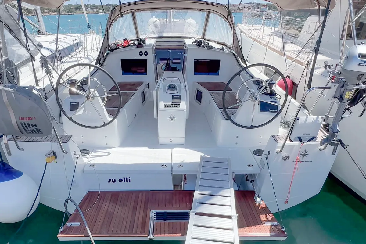 Cockpit of SuElli, a Jeanneau Sun Odyssey 410 sailboat at Felanitx, Spain