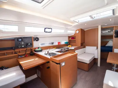 Galley of SuElli, a Jeanneau Sun Odyssey 410 sailboat at Felanitx, Spain