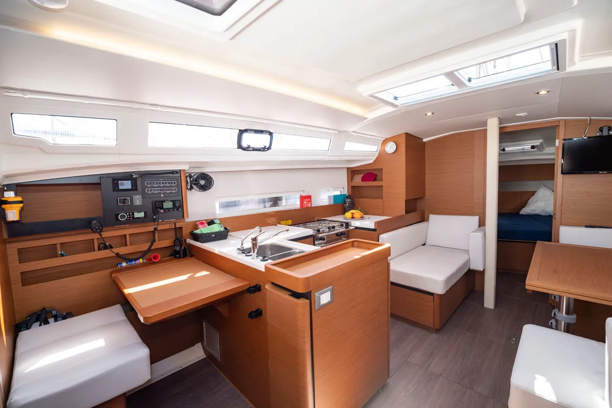 Galley of SuElli, a Jeanneau Sun Odyssey 410 sailboat at Felanitx, Spain