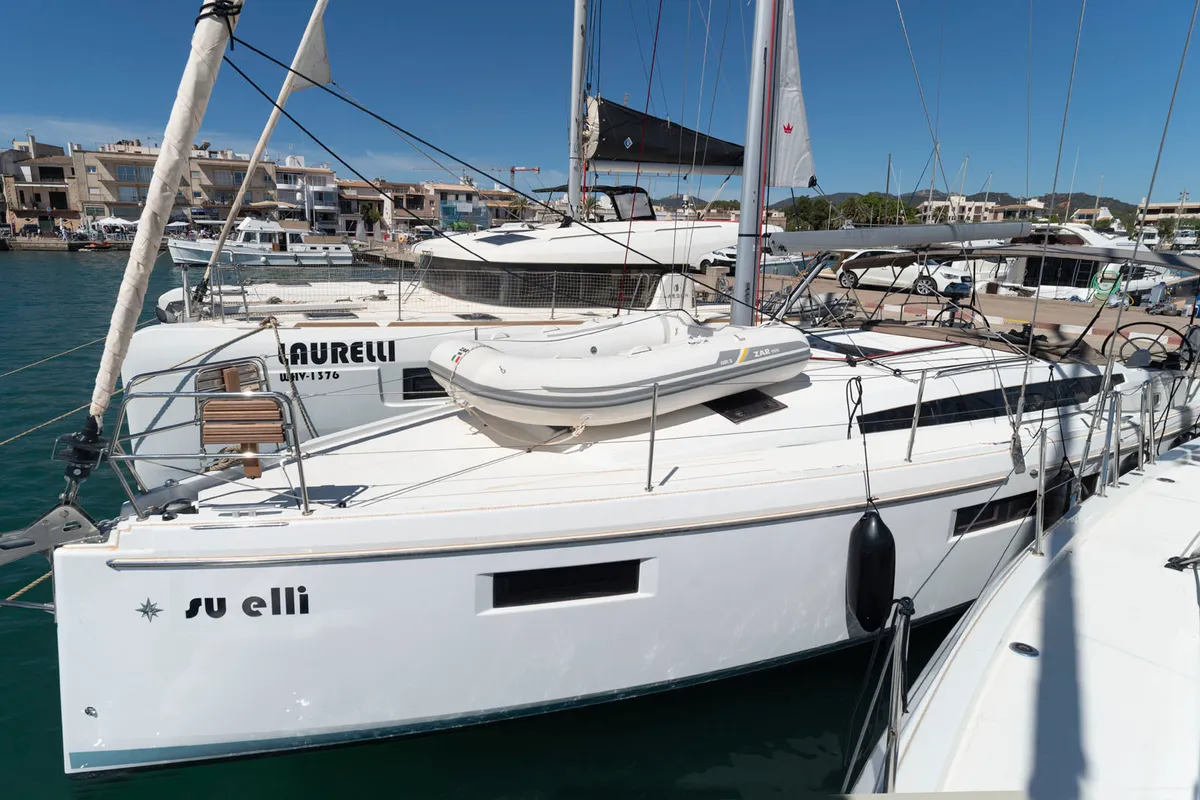 Exterior view of SuElli, a Jeanneau Sun Odyssey 410 sailboat at Felanitx, Spain