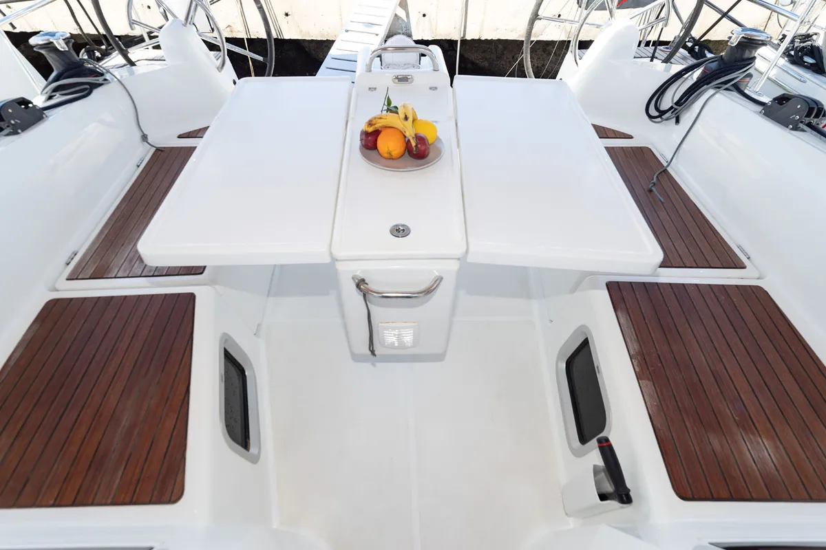 Deck of SuElli, a Jeanneau Sun Odyssey 410 sailboat at Felanitx, Spain