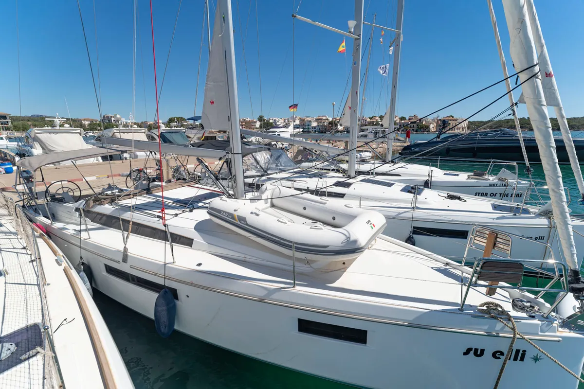 Exterior view of SuElli, a Jeanneau Sun Odyssey 410 sailboat at Felanitx, Spain