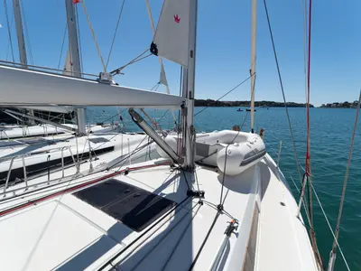 Deck of SuElli, a Jeanneau Sun Odyssey 410 sailboat at Felanitx, Spain