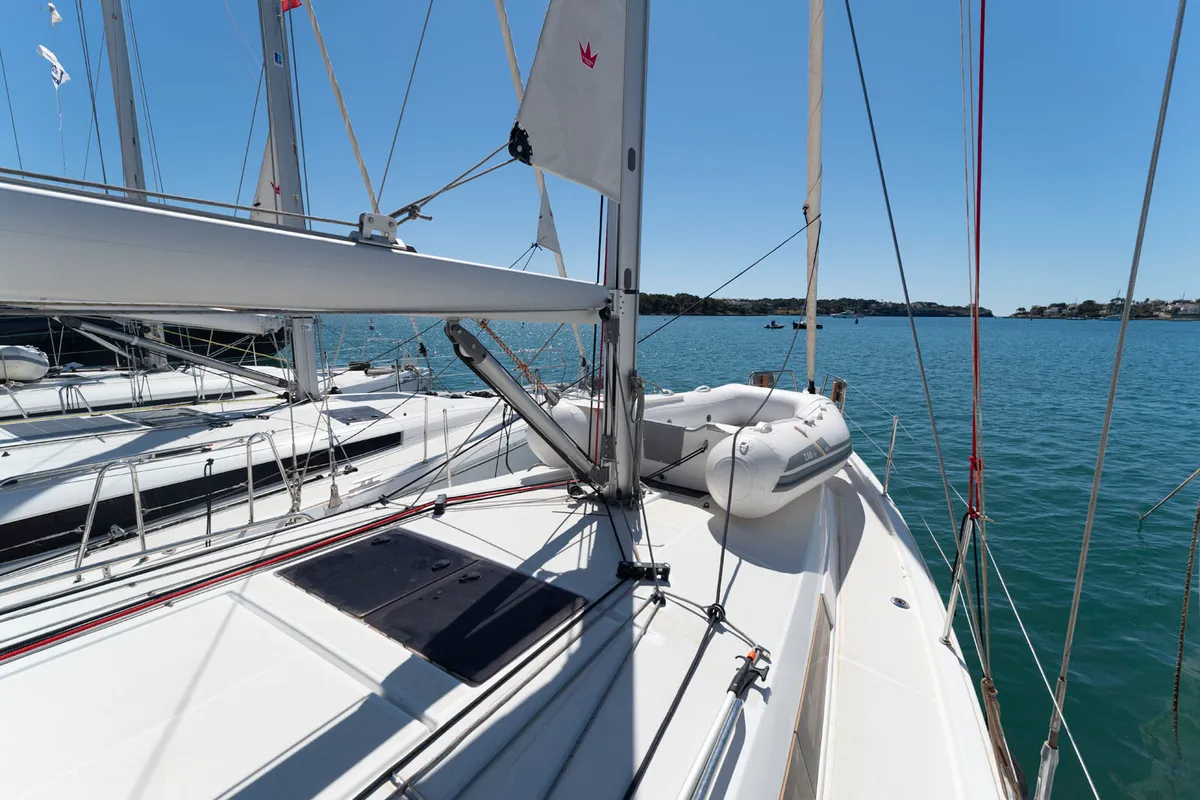 Deck of SuElli, a Jeanneau Sun Odyssey 410 sailboat at Felanitx, Spain