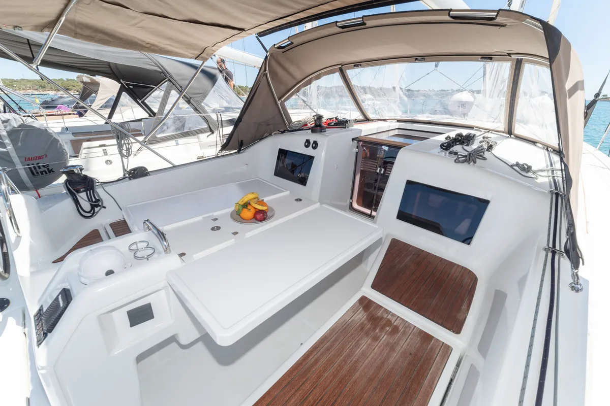 Deck of SuElli, a Jeanneau Sun Odyssey 410 sailboat at Felanitx, Spain