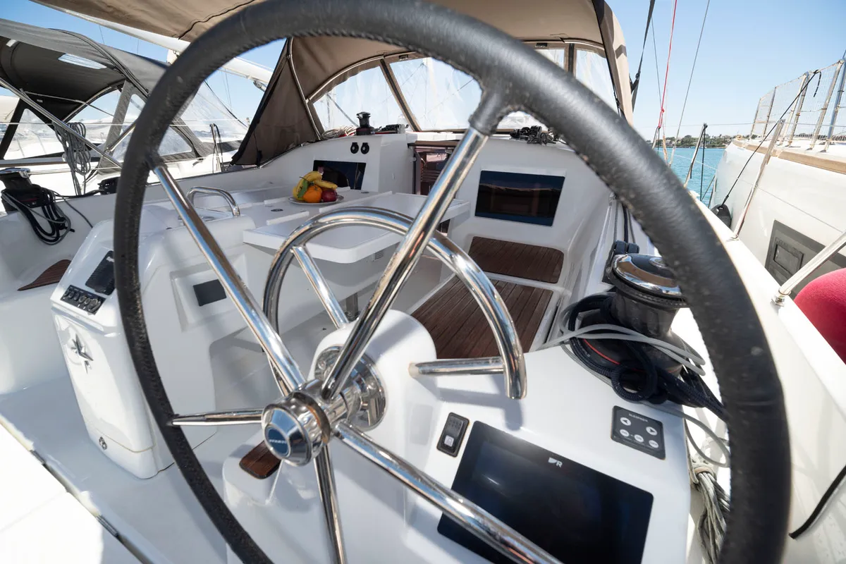 Cockpit of SuElli, a Jeanneau Sun Odyssey 410 sailboat at Felanitx, Spain