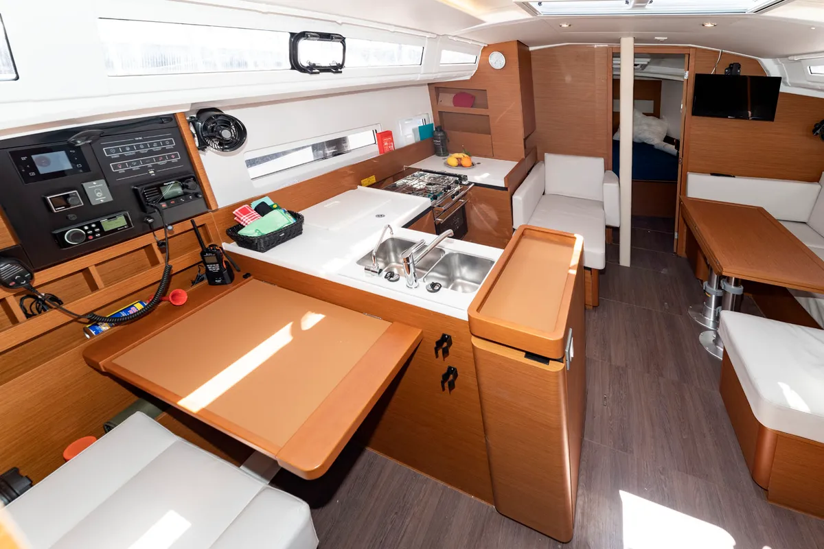 Galley of SuElli, a Jeanneau Sun Odyssey 410 sailboat at Felanitx, Spain