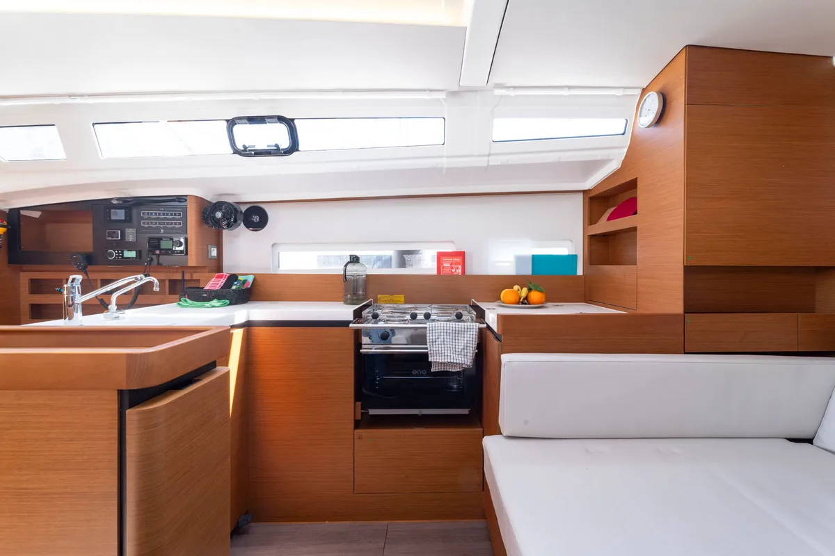 Galley of SuElli, a Jeanneau Sun Odyssey 410 sailboat at Felanitx, Spain