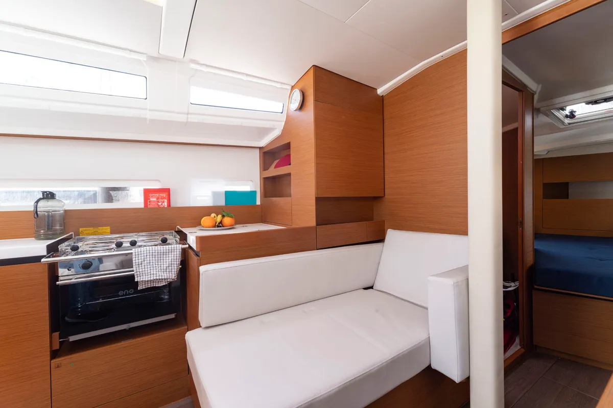 Galley of SuElli, a Jeanneau Sun Odyssey 410 sailboat at Felanitx, Spain