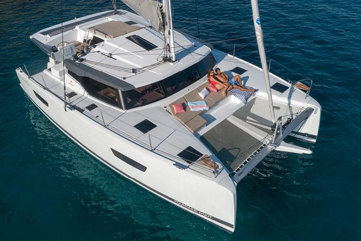 Exterior view of Speakeasy, a Fountaine Pajot Astrea 42 Maestro catamaran at Central Abaco, Bahamas