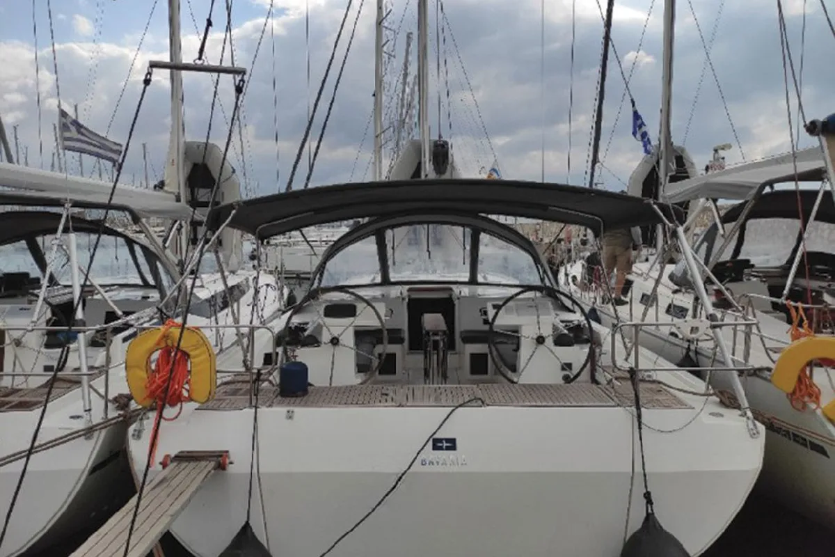 Exterior view of Katrin, a Bavaria C45 sailboat at Athens, Greece