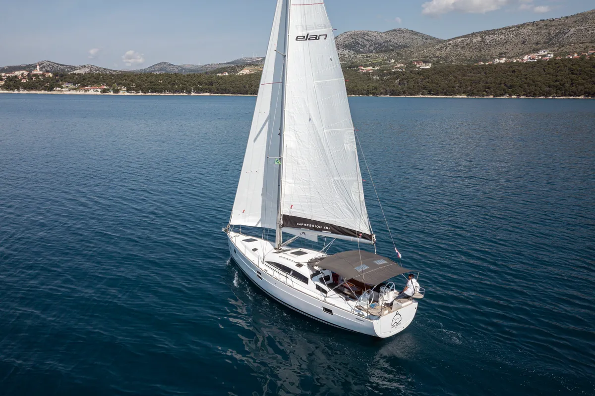 Exterior view of Lara, a Elan Impression 45.1 sailboat at Grad Trogir, Croatia